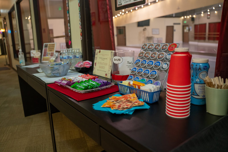 Beverages, snacks, and other items offered in the lobby for free for dancers